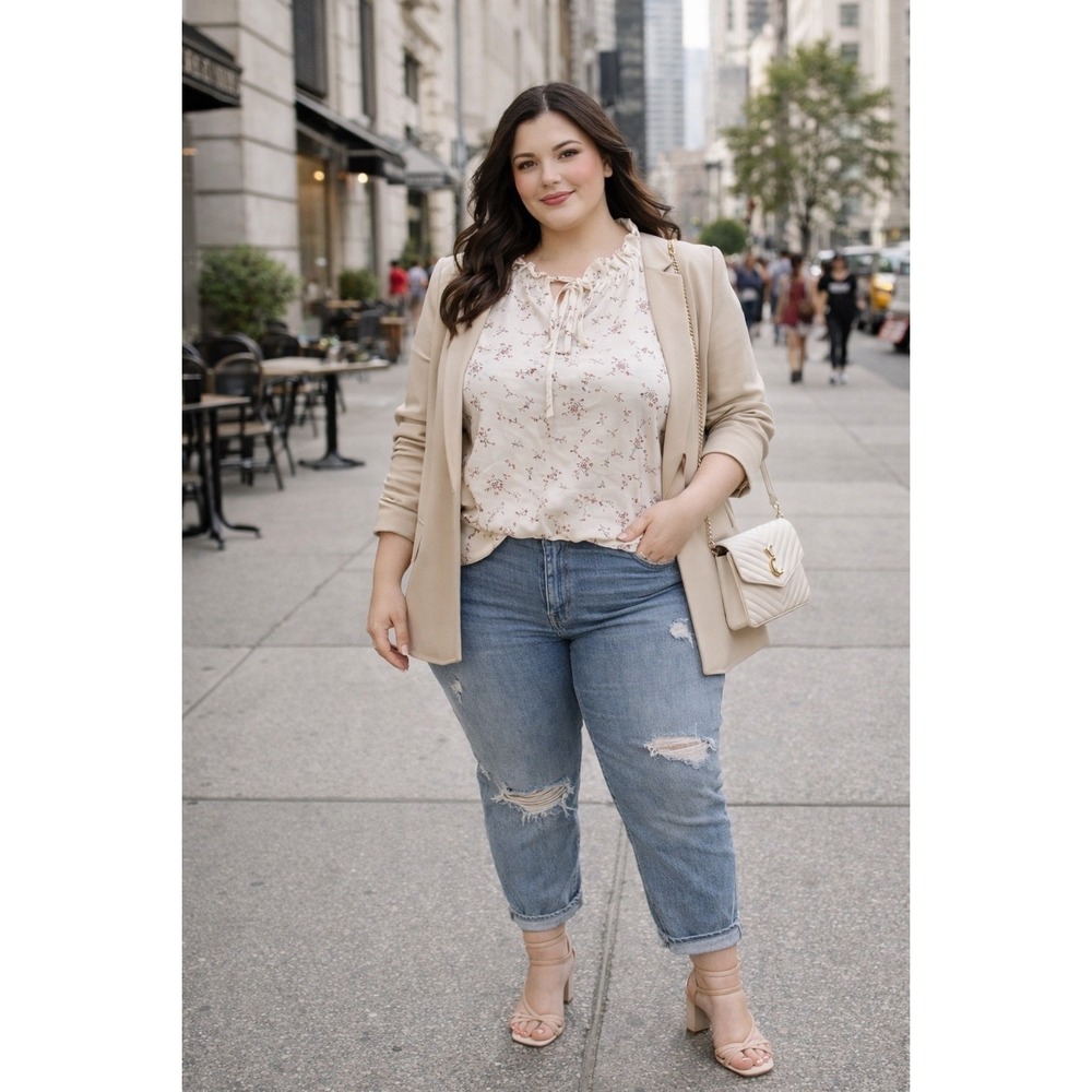 Women's Size 5XL Ivory Ditsy Floral Ruffle Tie Neck Long Sleeve Romantic Blouse